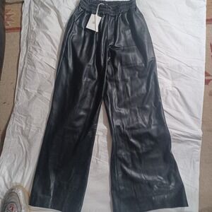 Milio-Milano Black Faux Leather Wide Leg Pants Made in Italy Smocked Waist Small